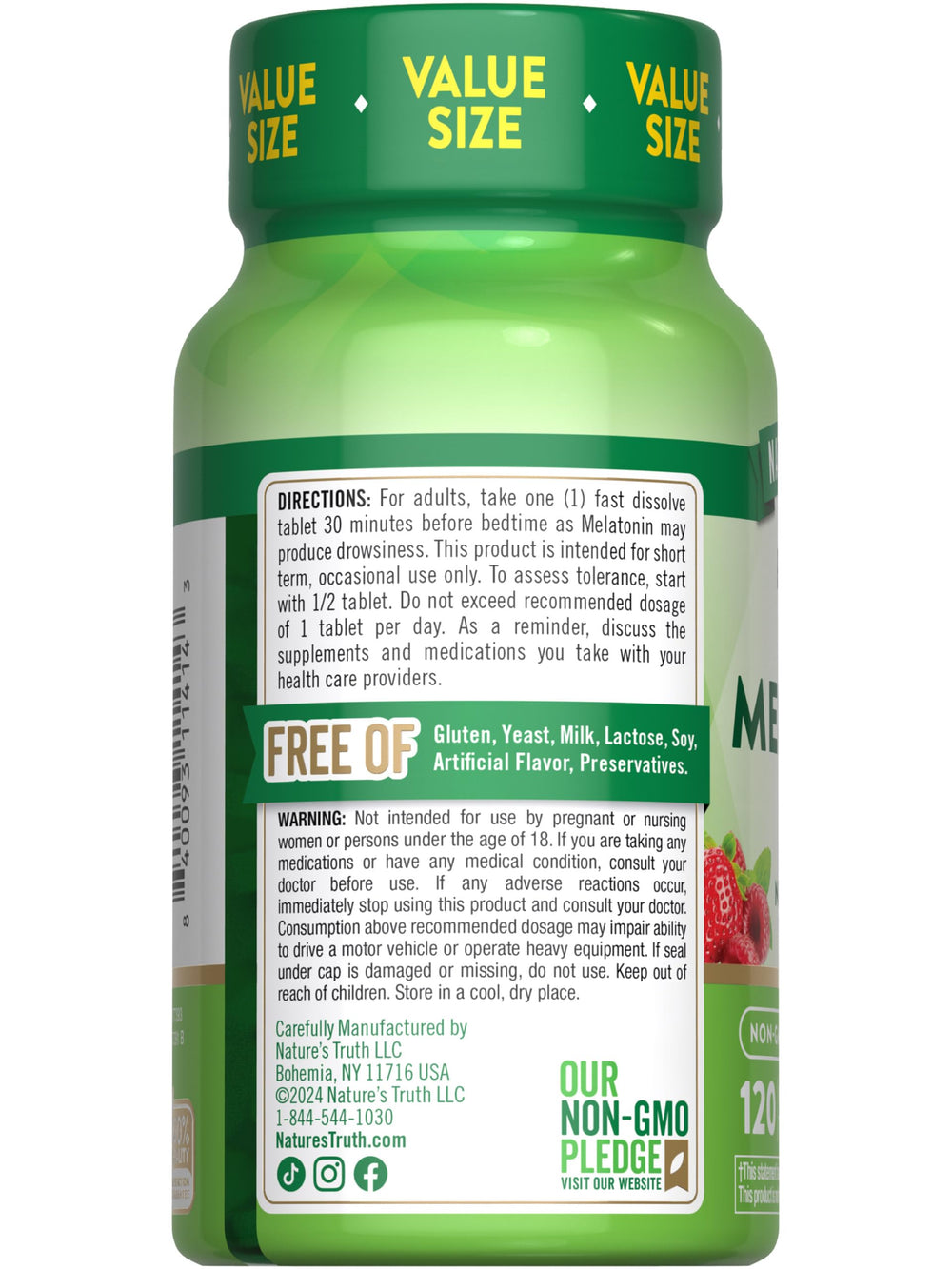Bottle front and back view of Nature's Truth Melatonin Tablets