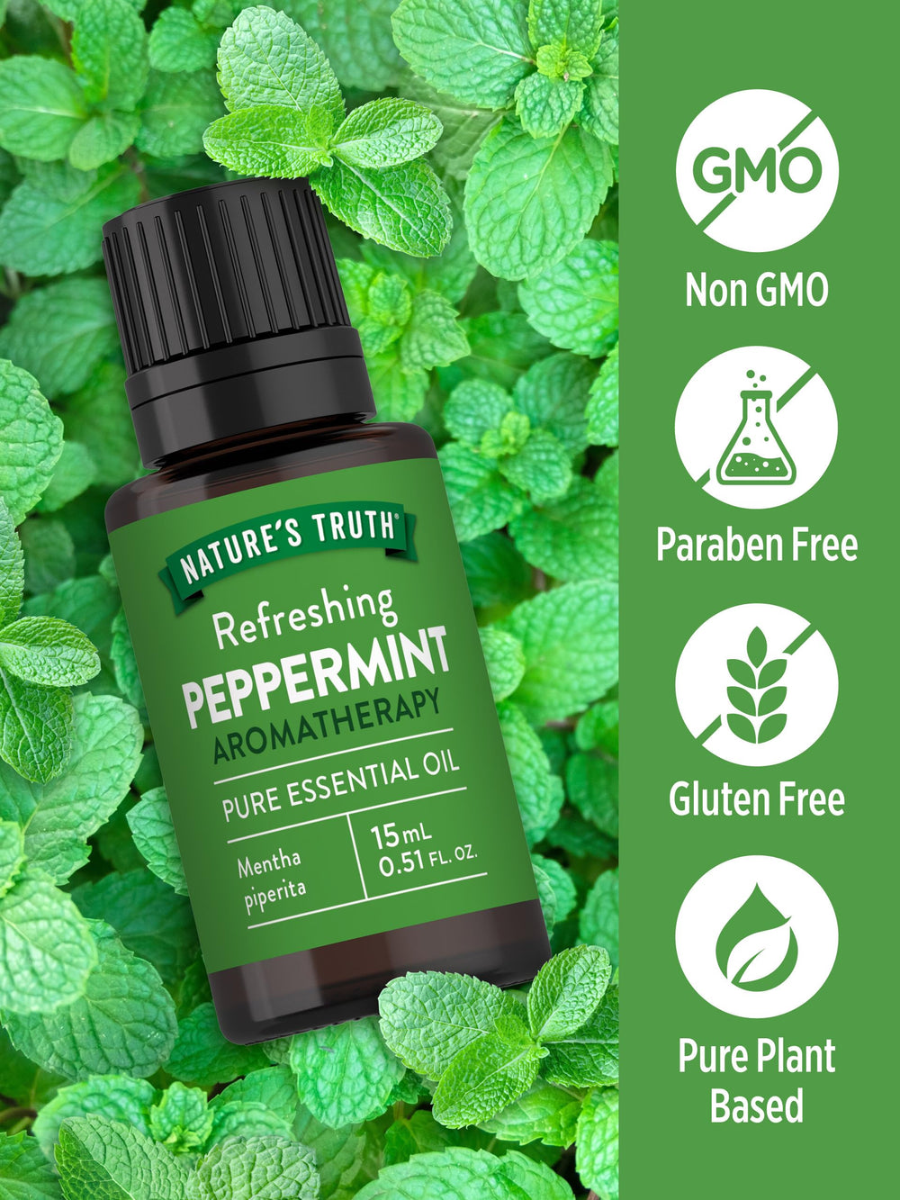 Label detailing peppermint essential oil ingredients and purity