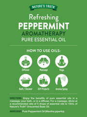 Back label of Nature's Truth Peppermint Essential Oil bottle showing ingredients