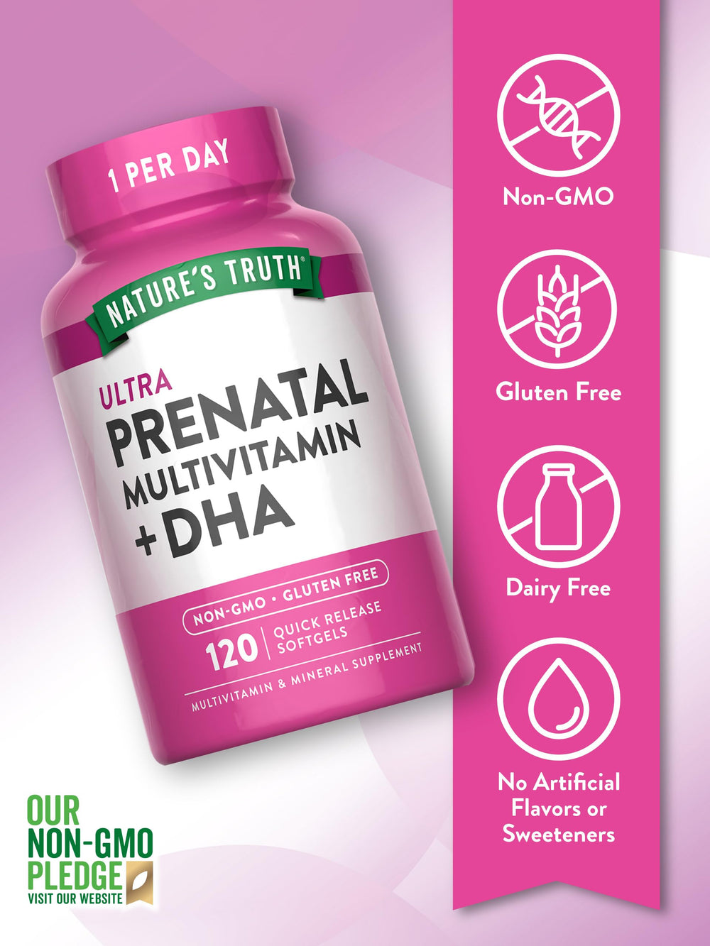 Non-GMO and gluten-free claim on Nature's Truth Prenatal Vitamin packaging