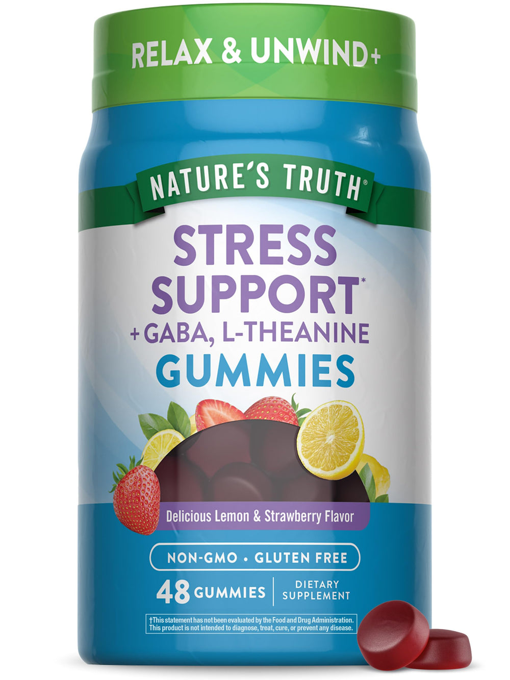 Bottle of Nature's Truth Stress Relief Gummies for Adults in Lemon Strawberry flavor