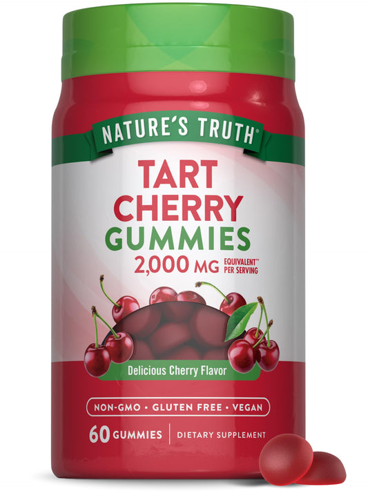 Bottle of Nature's Truth Tart Cherry Gummies with two gummies on a white background