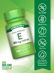 Front of Nature's Truth Vitamin E Softgels bottle label highlighting Non-GMO and Gluten Free