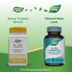 Back of Nature's Way B-100 Complex bottle showing product details