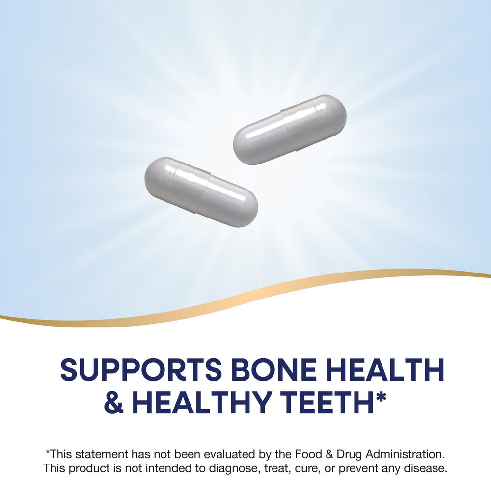 Nutrition label showing 500 mg calcium per 2 capsules