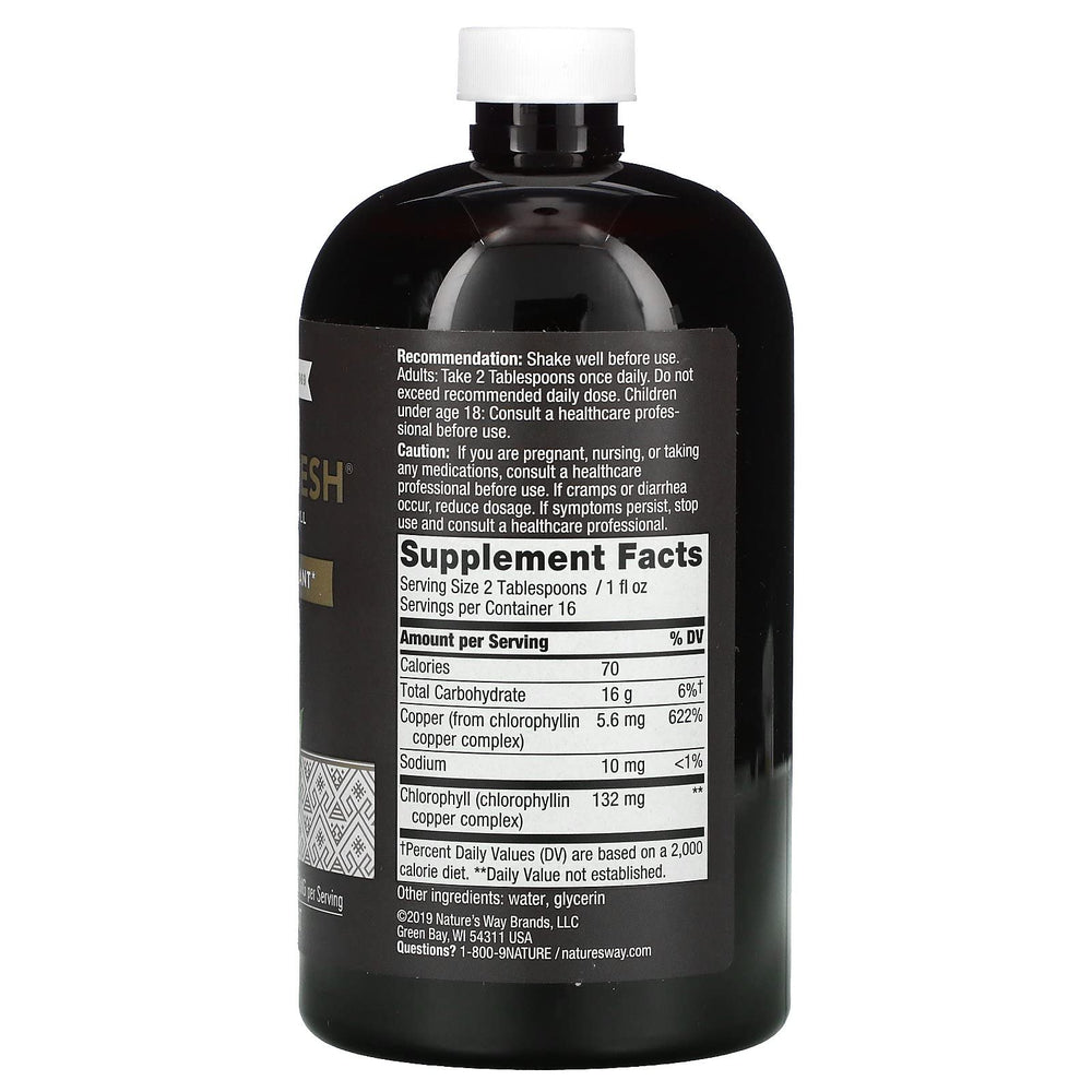 Back label of Nature's Way Chlorofresh Liquid Chlorophyll Internal Deodorant 16 oz unflavored bottle