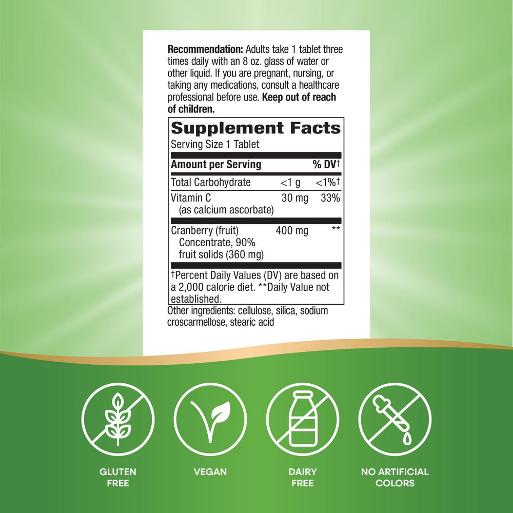 Close-up of cranberry concentrate 400 mg per serving on the bottle label