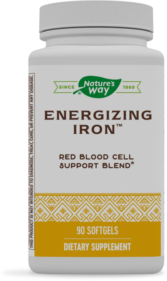 Nature's Way Energizing Iron bottle with 2-softgel serving label