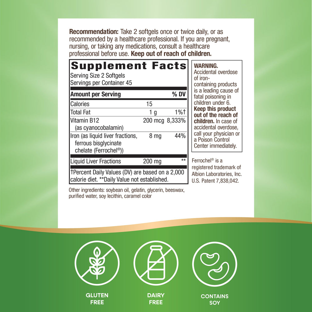 Gluten-free iron and B12 supplement packaging
