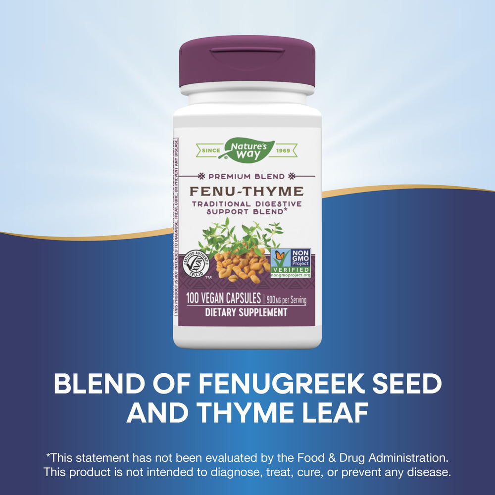 Vegan, Non-GMO Project Verified, and dairy-free labeling on Fenu-Thyme