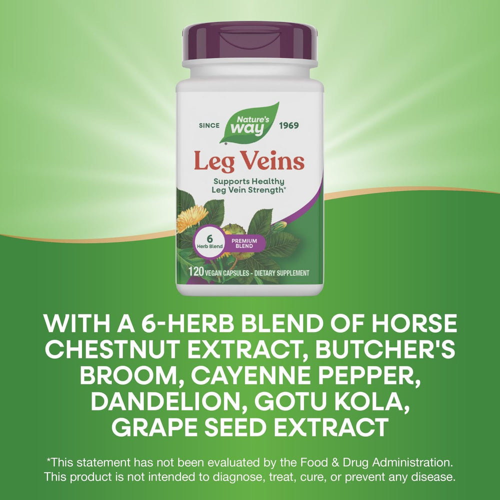 Gluten-free and vegan labeling on Nature's Way Leg Veins packaging