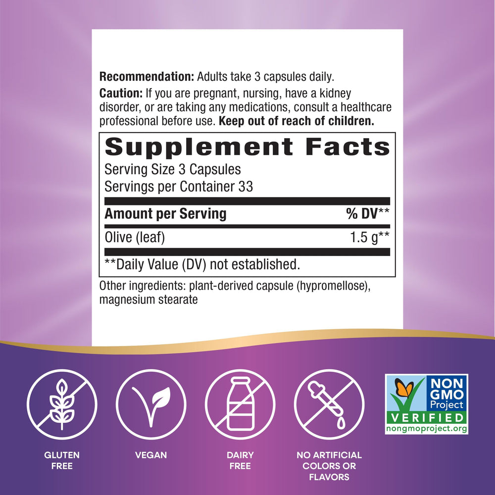 Vegan, gluten-free, Non-GMO Project Verified olive leaf capsules