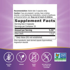Vegan, gluten-free, Non-GMO Project Verified olive leaf capsules