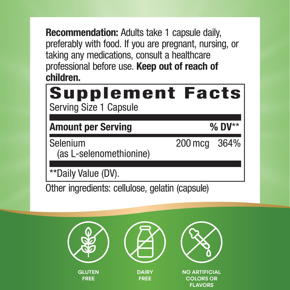 Nature's Way Selenium 100-count bottle label displaying 200 mcg per capsule