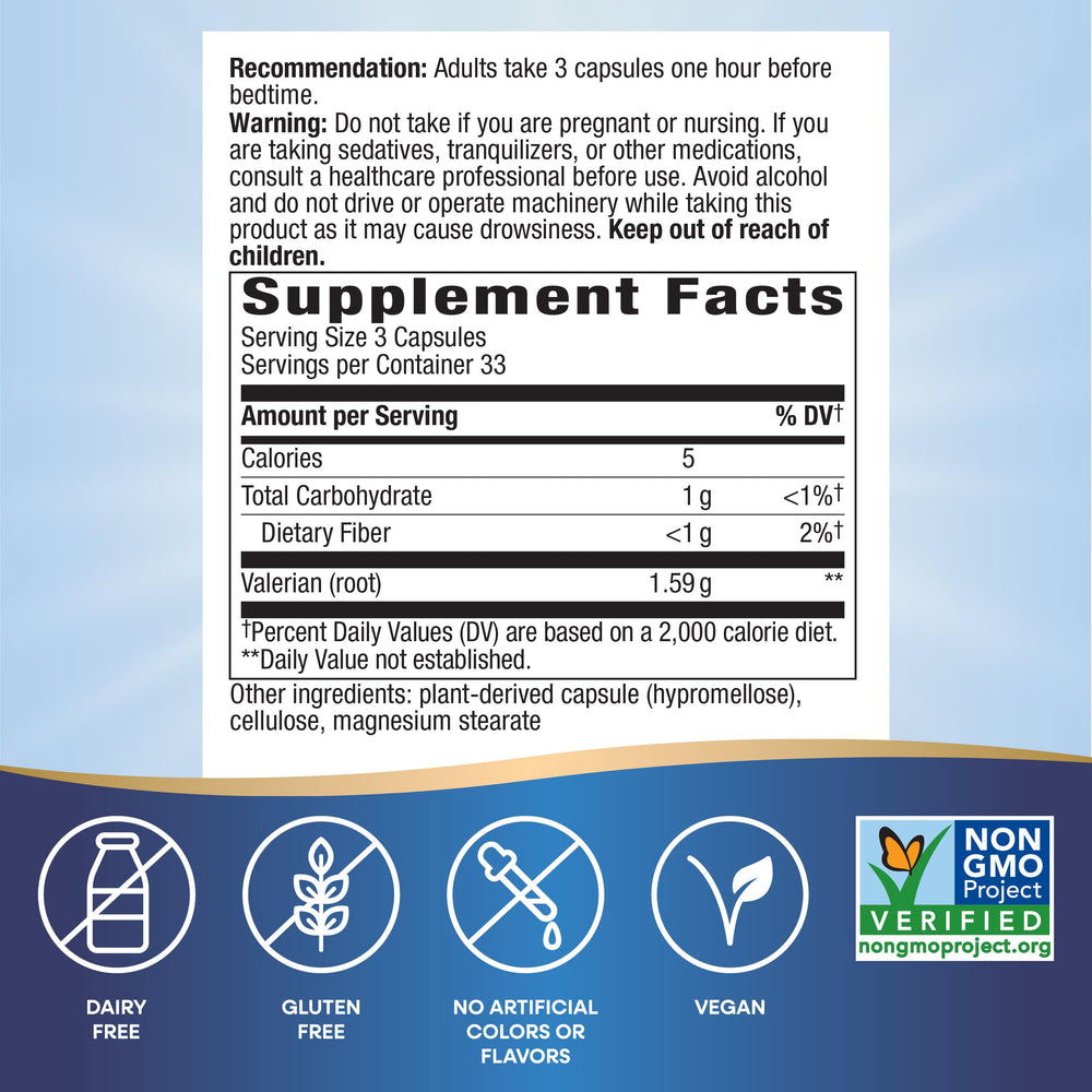 Label showing 1,590 mg valerian root per 3 capsules