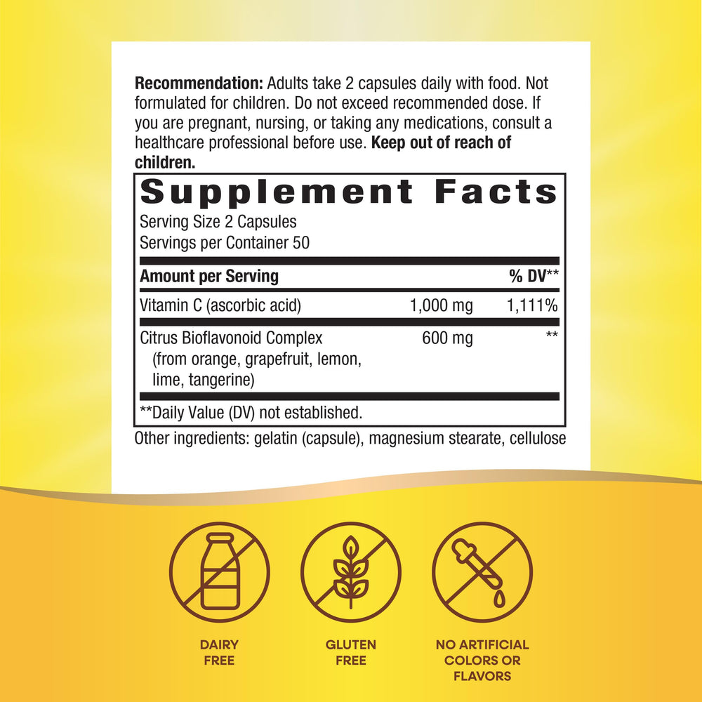 Close-up of vitamin C bottle showing 1,000 mg per 2-capsule serving