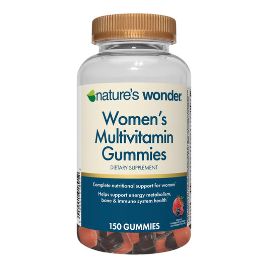 Bottle of Nature's Wonder Women's Multivitamin Gummies with label visible