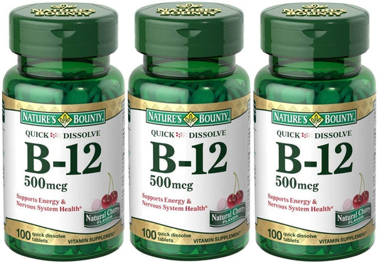 Nature's Bounty B-12 Quick Dissolve Tablets 500 mcg package - 3 x 100 Count Bottles