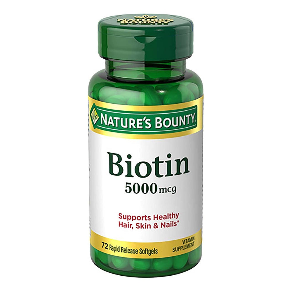 Two-bottle pack of Nature's Bounty Biotin 5000mcg 72 softgels