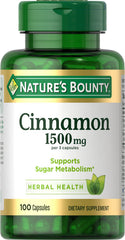Bottle of Nature's Bounty Cinnamon Capsules with label showing 1500 mg per two capsules