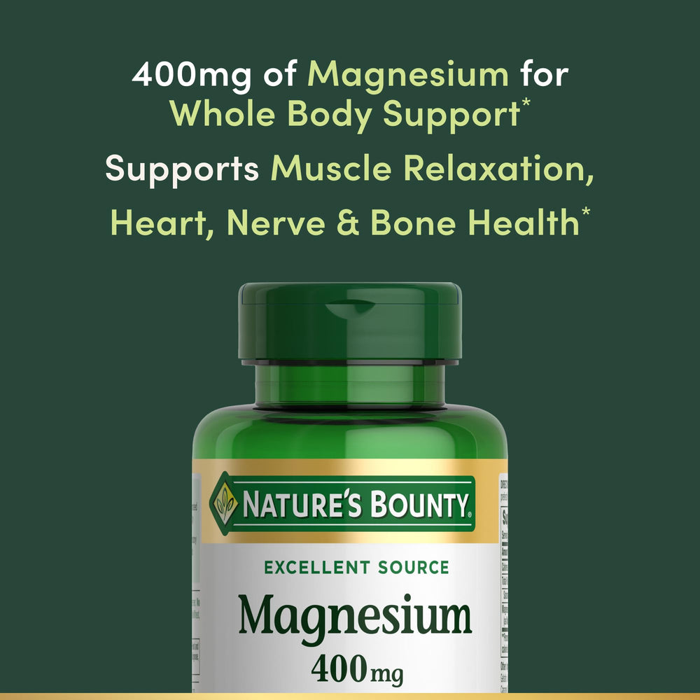 Nature's Bounty Magnesium 400 mg softgel bottle on a white background