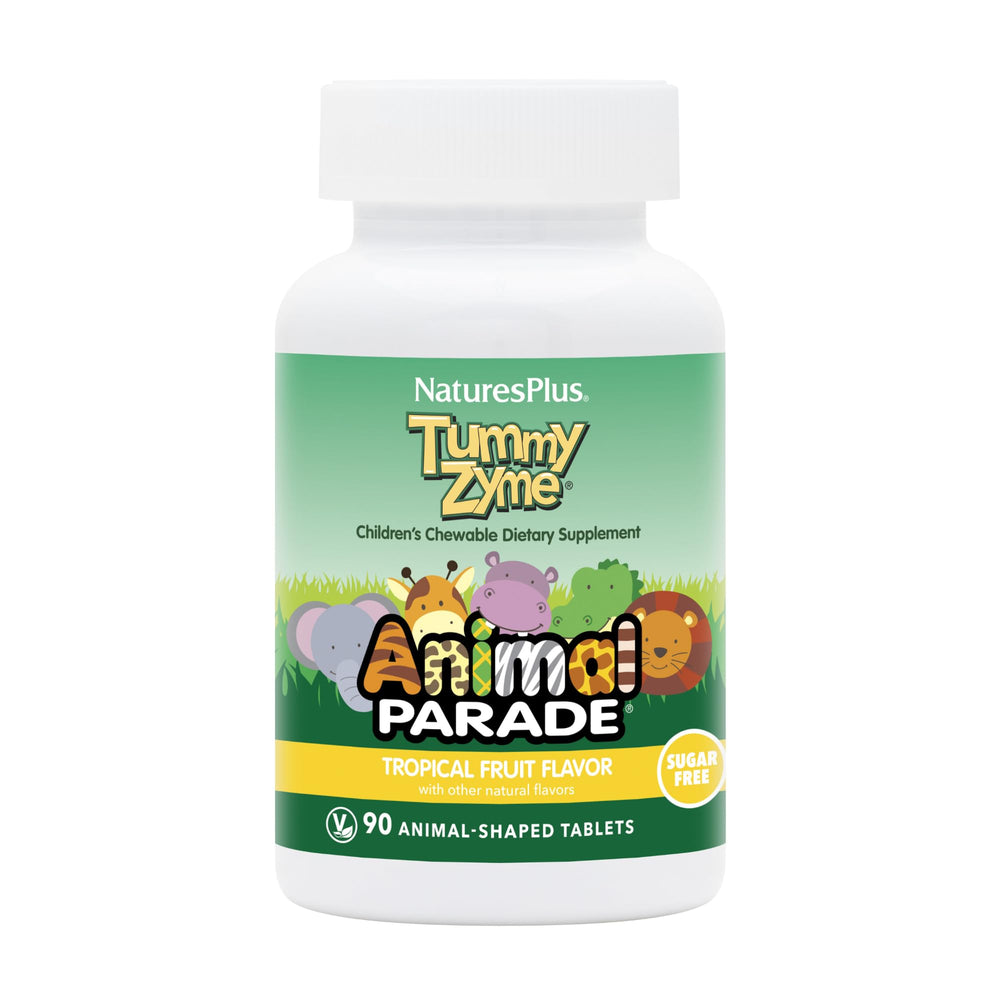 Front packaging of Natures Plus Animal Parade Tummy Zyme tropical fruit chewables