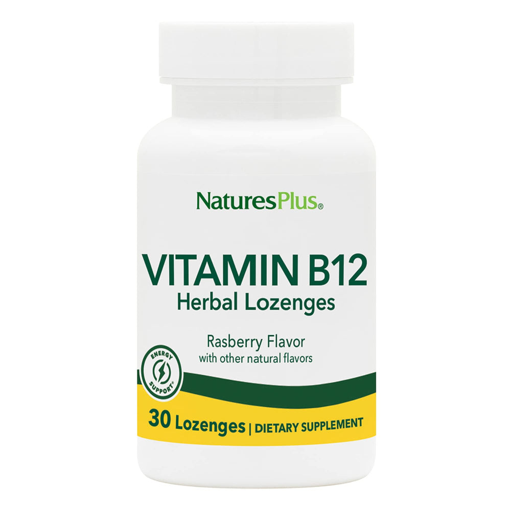 Front view of Natures Plus B12 lozenges Raspberry flavor, 30 servings