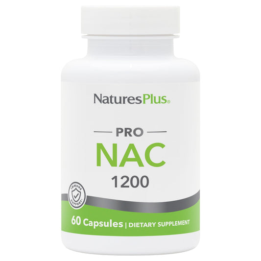 Front view of Natures Plus PRO NAC 1200 mg 60 capsules bottle with label
