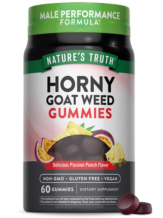 Bottle of Nature’s Truth Horny Goat Weed Gummies in Passion Punch flavor