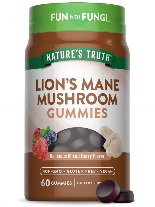 Bottle of Nature's Truth Lion’s Mane Gummies with mixed berry flavor