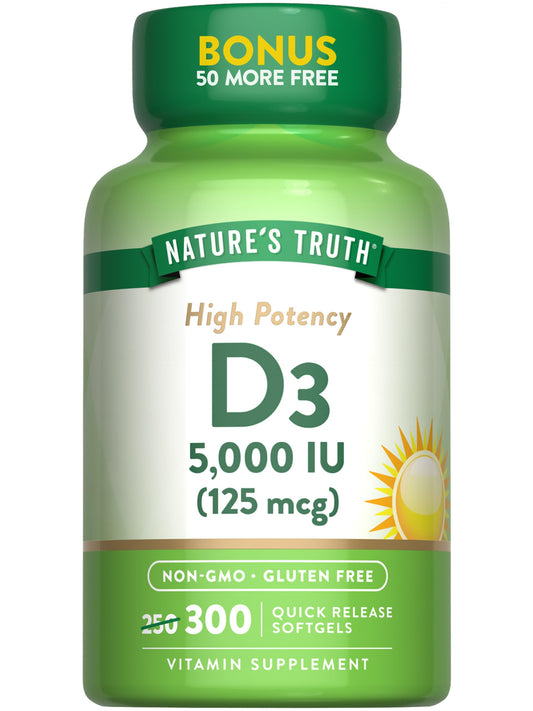 Bottle of Nature's Truth Vitamin D3 5000 IU with 300 softgels