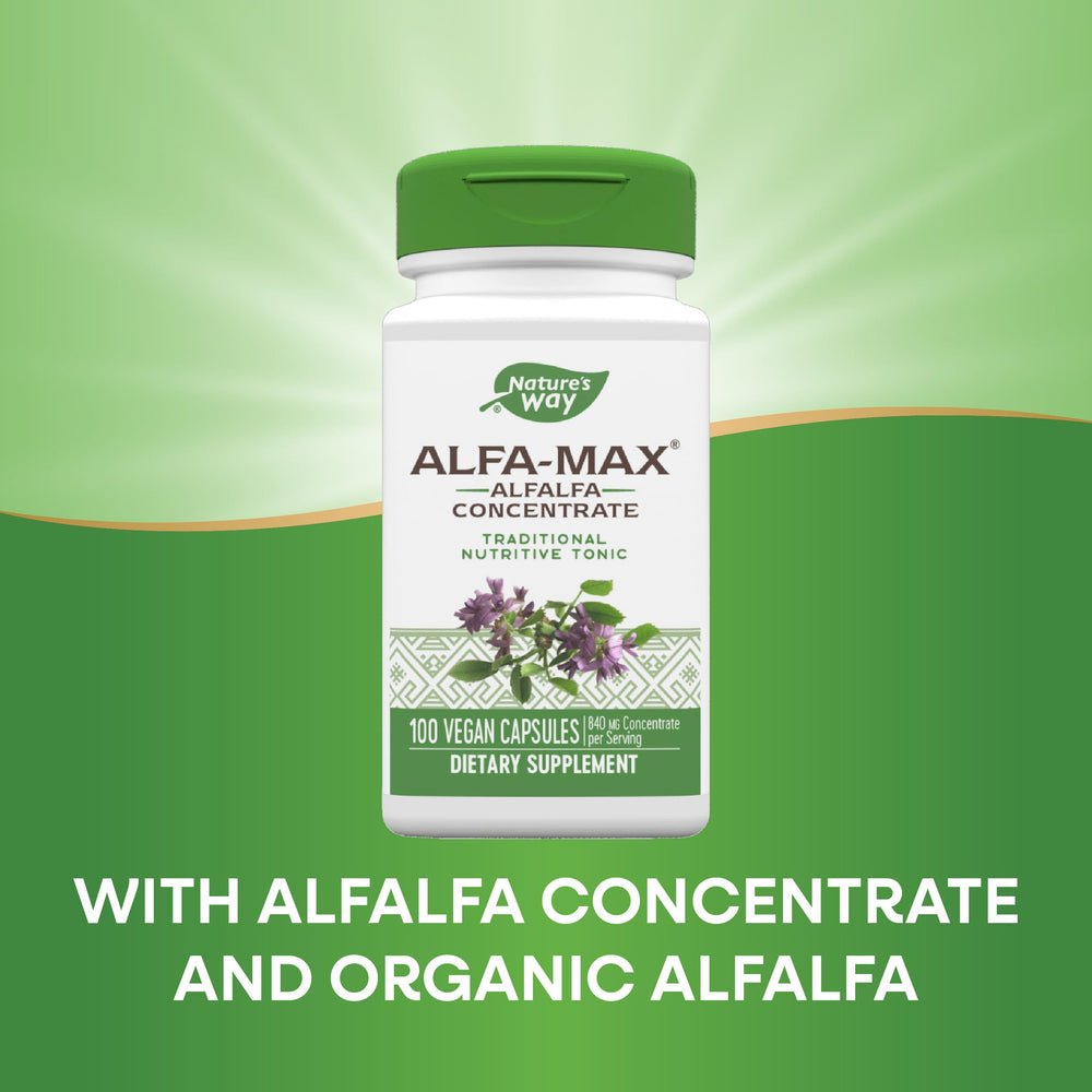 Alfalfa-Max packaging highlighting 100 capsules
