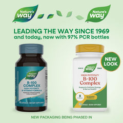 Nature's Way B-100 Complex bottle label highlighting 8 B-vitamins