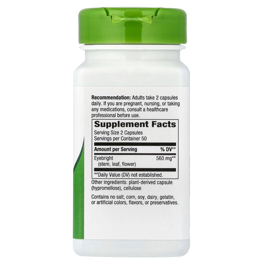 Close-up of Nature's Way Eyebright Herb bottle showing 860 mg per serving and 100 vegan capsules