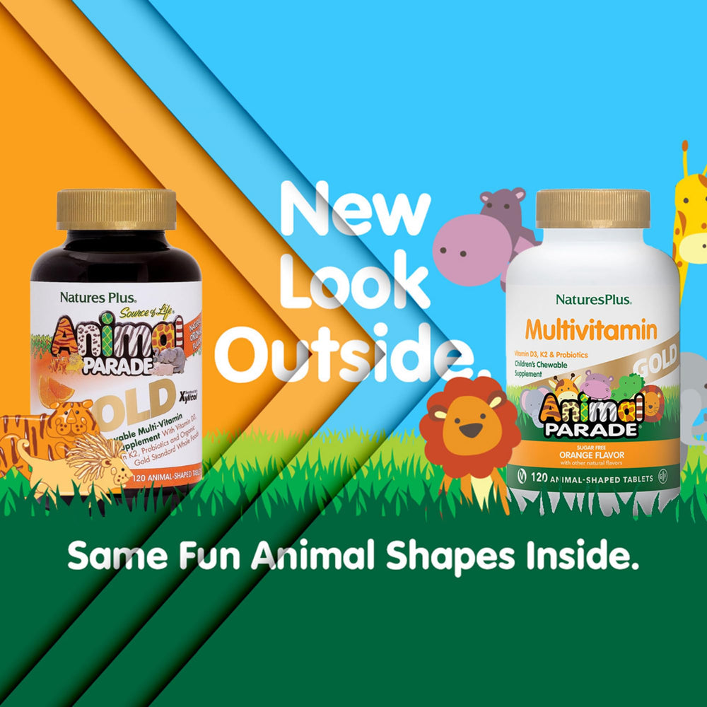 Two-pack packaging shot of Animal Parade Gold Orange chewable multivitamins