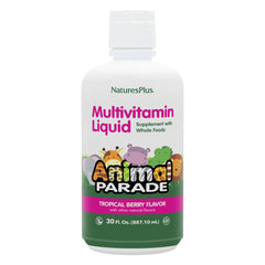 Front view of NaturesPlus Animal Parade Kids Liquid Multivitamin Tropical Berry bottle 30 oz