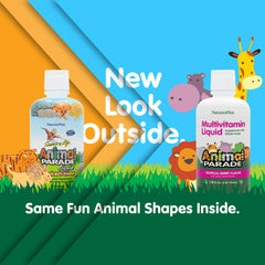 Back/label view of NaturesPlus Animal Parade Kids Liquid Multivitamin Tropical Berry bottle 30 oz