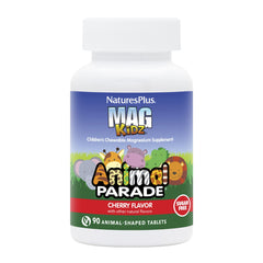 Front view of NaturesPlus Animal Parade MagKidz sugar-free cherry magnesium supplement bottle