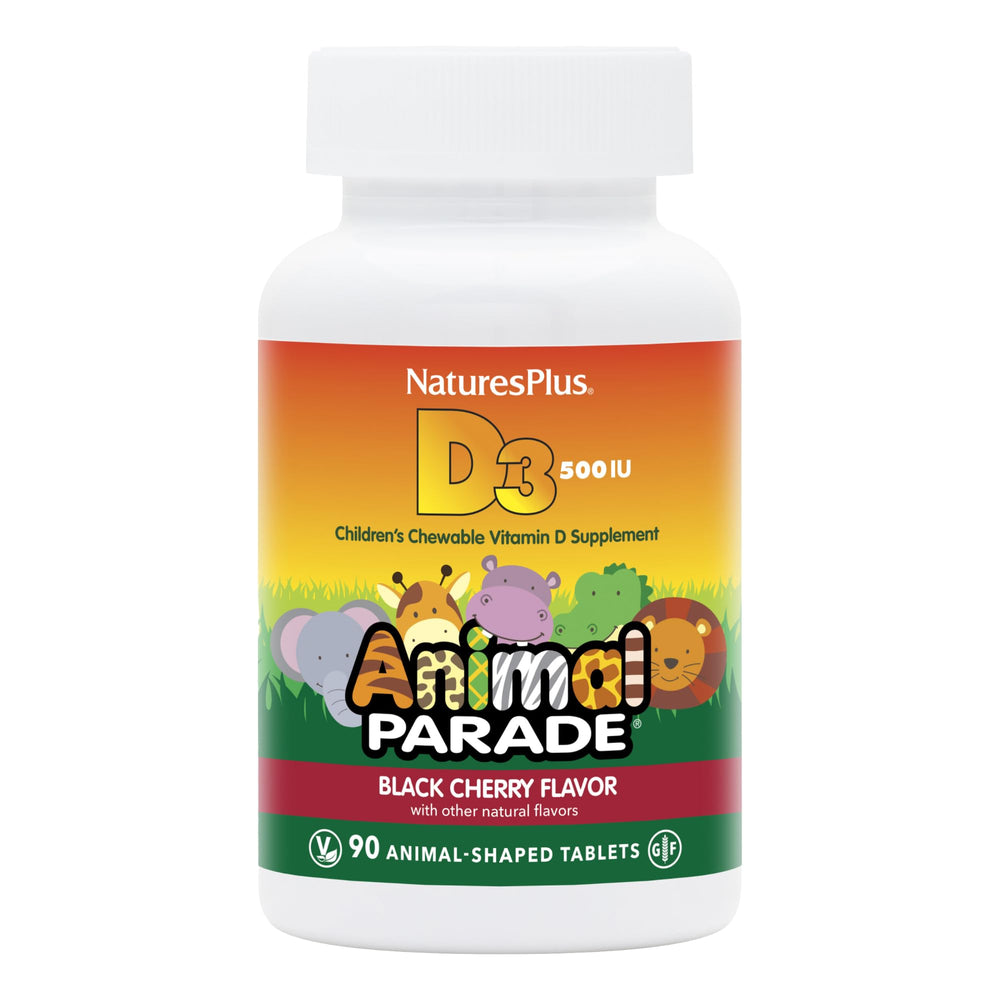Front view of NaturesPlus Animal Parade vitamin D3 two-bottle package in black cherry flavor