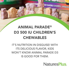Front view of the NaturesPlus Animal Parade vitamin D3 bottle