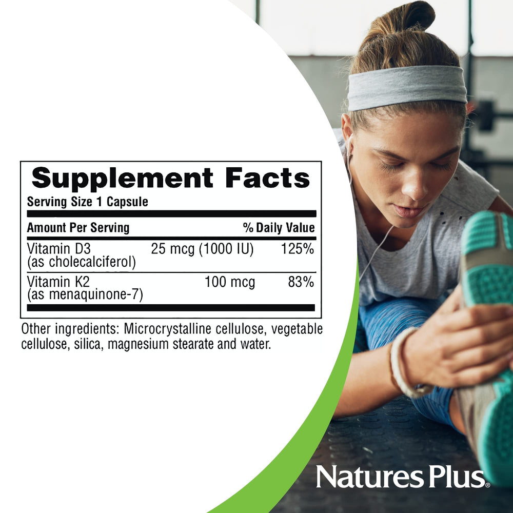 Nutrition facts for NaturesPlus D3 1000 IU & K2 100 mcg