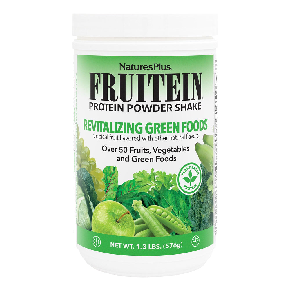 Front view of NaturesPlus FRUITEIN Revitalizing Green Foods Shake container