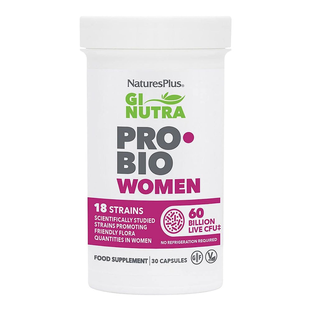 NaturesPlus GI Natural Probiotic Women bottle showing 60 billion bacteria across 18 strains