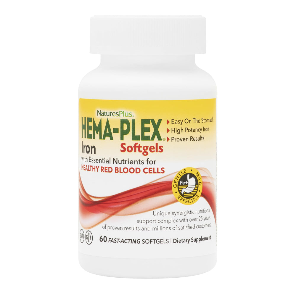 NaturesPlus Hema-Plex Iron bottle front view with 60 fast-acting softgels