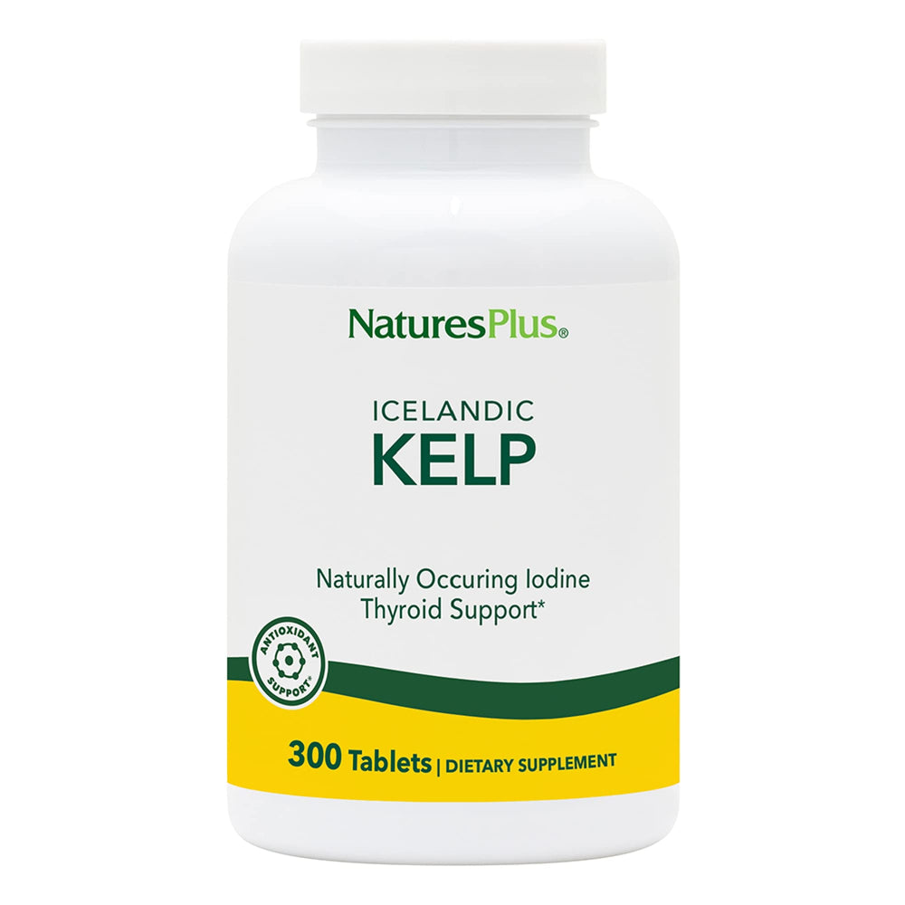 Front of NaturesPlus Icelandic Kelp bottle with label showing 150 mcg iodine and 150 mg kelp per tablet