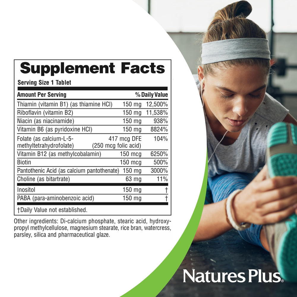 NaturesPlus Mega B-150 Complex tablets on a morning desk setup