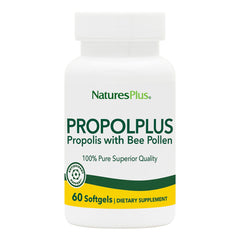 NaturesPlus Propolplus bottle label showing 180 mg propolis softgels with bee pollen