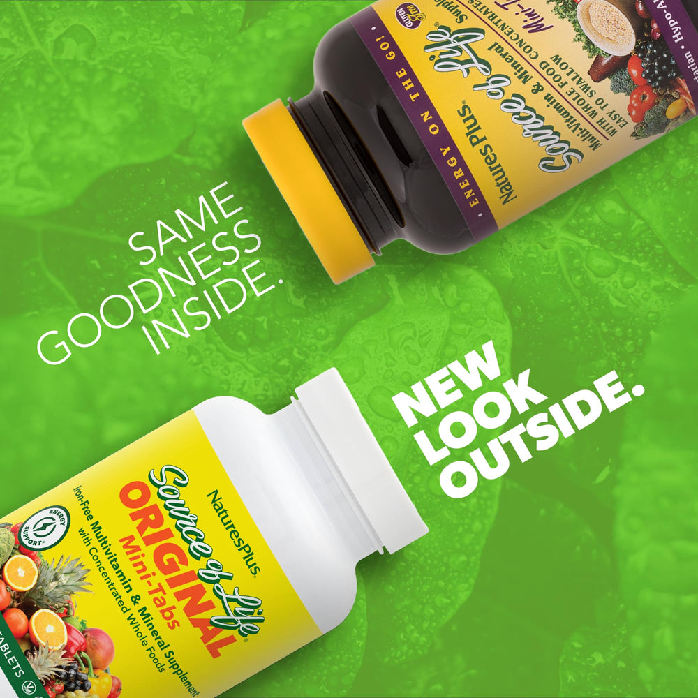NaturesPlus Source of Life Mini-Tabs No Iron packaging shows vegetarian, iron-free formula