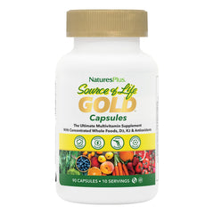 Front view of NaturesPlus Source of Life Gold bottle with 90 vegetarian capsules