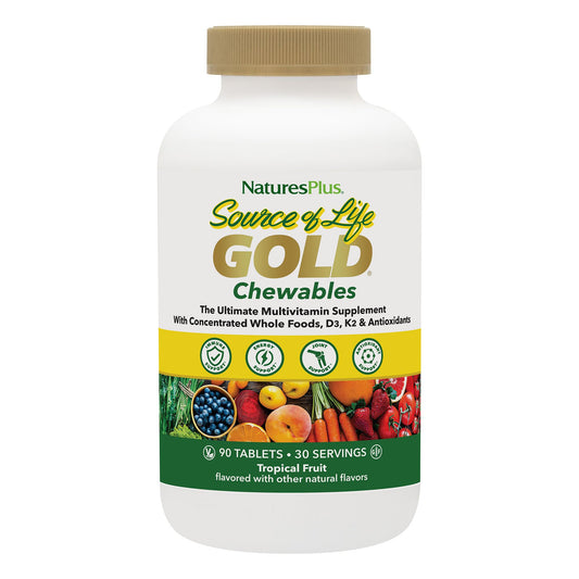 Bottle of NaturesPlus Source of Life Gold chewables (90 tablets) with tropical fruit flavor